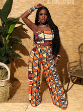 Boho Geometric Print Orange Strapless Crop Top And Wide Leg Pants Set For Women, Vacation Style